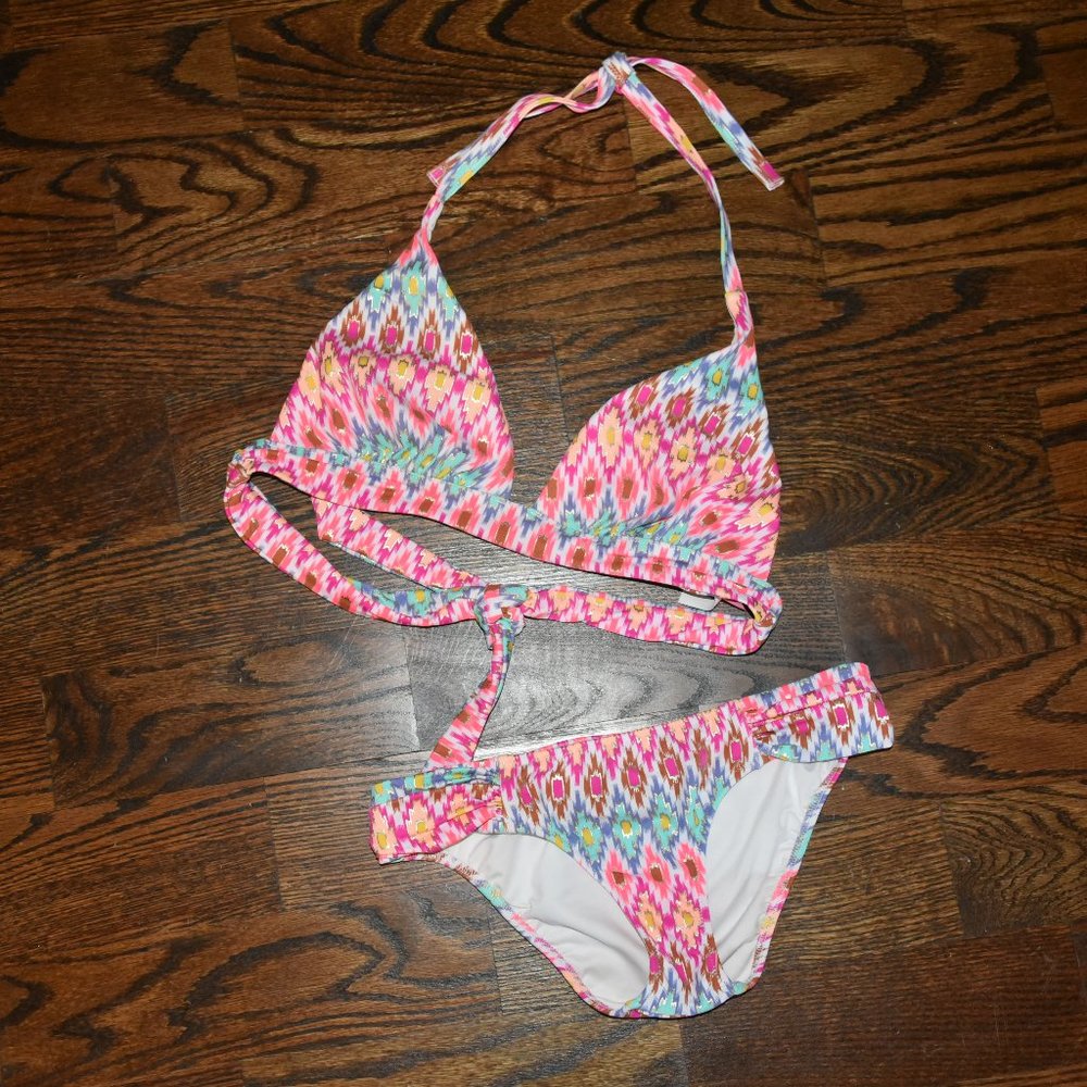 Victoria's Secret Hot Pink KNOCKOUT triangle L top XS bikini bottom tribal NEON